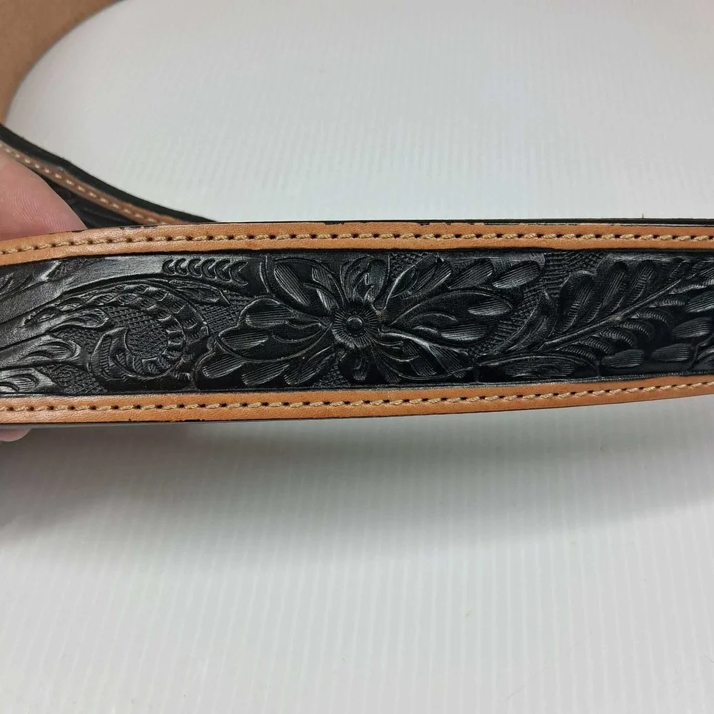 Justin Mens Black Tan Tooled Leather Western‎ Belt Silver Star Buckle 46 C11063